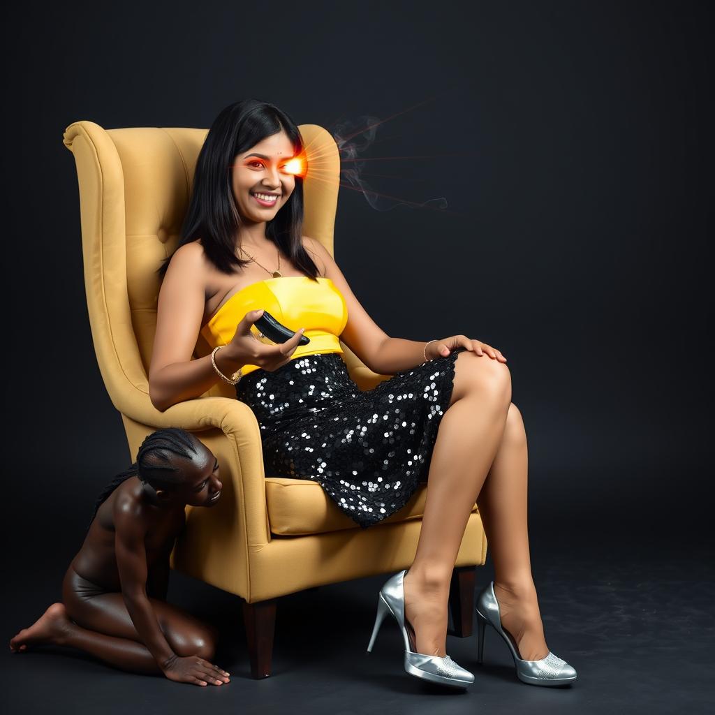 An imaginative scene showcasing an Indian aunty in a dazzling black sequin mini skirt and a vibrant yellow top