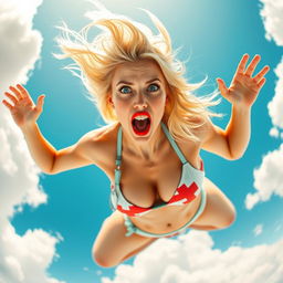 A sexy blonde nurse in a striking nurse-themed bikini, featuring blue eyes and vibrant red lips, gracefully falling from the sky