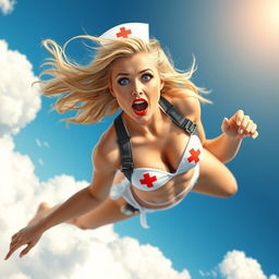 A sexy blonde nurse in a striking nurse-themed bikini, featuring blue eyes and vibrant red lips, gracefully falling from the sky
