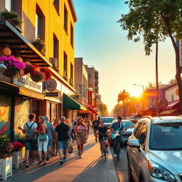 A vibrant urban street scene during the golden hour, showcasing diverse people walking along a bustling sidewalk, unique street art on the walls, and a variety of shops and cafés