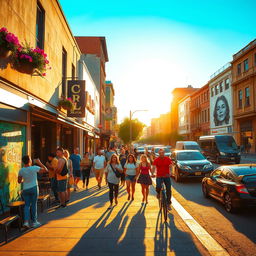 A vibrant urban street scene during the golden hour, showcasing diverse people walking along a bustling sidewalk, unique street art on the walls, and a variety of shops and cafés
