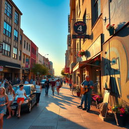 A vibrant urban street scene during the golden hour, showcasing diverse people walking along a bustling sidewalk, unique street art on the walls, and a variety of shops and cafés
