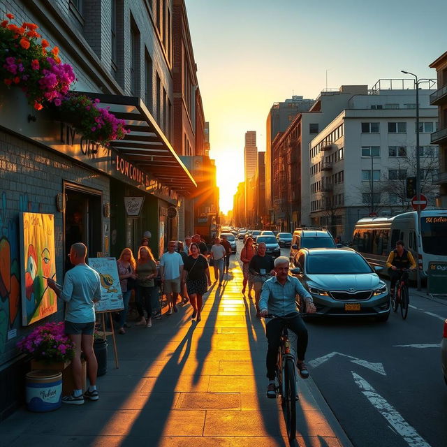 A vibrant urban street scene during the golden hour, showcasing diverse people walking along a bustling sidewalk, unique street art on the walls, and a variety of shops and cafés