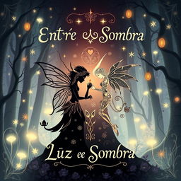 A captivating book cover for 'Entre Luz e Sombra' featuring intricate symbols representing a fairy and a demon in a romantic relationship