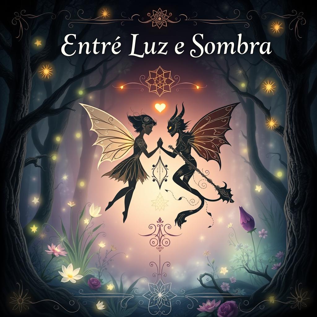 A captivating book cover for 'Entre Luz e Sombra' featuring intricate symbols representing a fairy and a demon in a romantic relationship