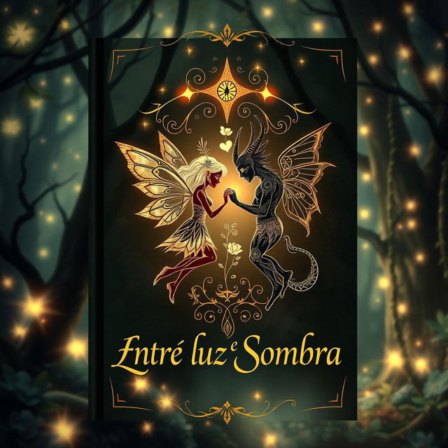 A captivating book cover for 'Entre Luz e Sombra' featuring intricate symbols representing a fairy and a demon in a romantic relationship