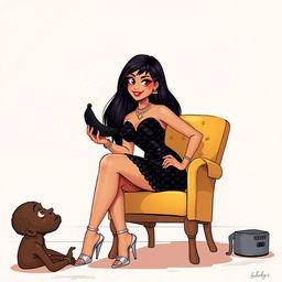 A creative and vibrant illustration of an Indian aunty dressed in a stunning black sequin mini skirt and a bright yellow top