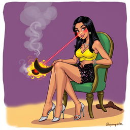 A creative and vibrant illustration of an Indian aunty dressed in a stunning black sequin mini skirt and a bright yellow top
