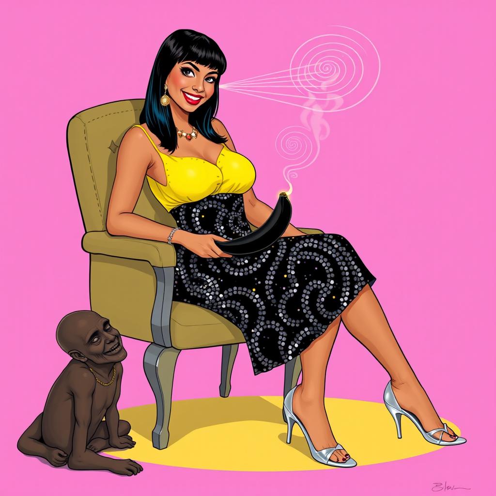 A creative and vibrant illustration of an Indian aunty dressed in a stunning black sequin mini skirt and a bright yellow top