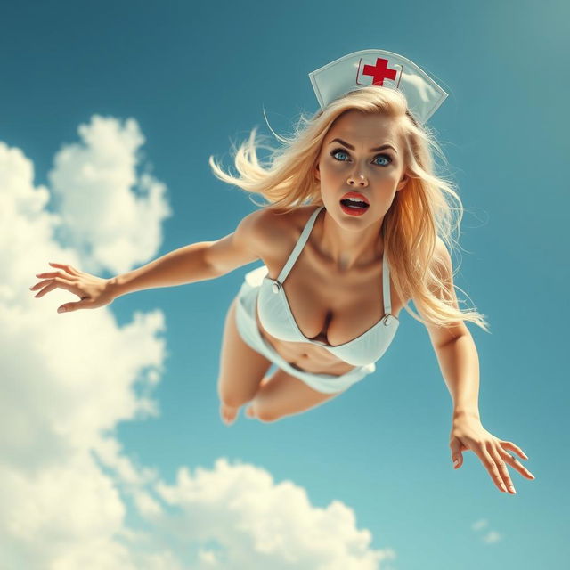 A sexy blonde nurse in a nurse-themed bikini, featuring radiant blue eyes and striking red lips, gracefully falling from the sky