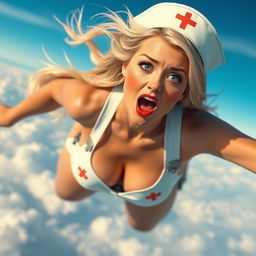 A sexy blonde nurse in a nurse-themed bikini, featuring radiant blue eyes and striking red lips, gracefully falling from the sky