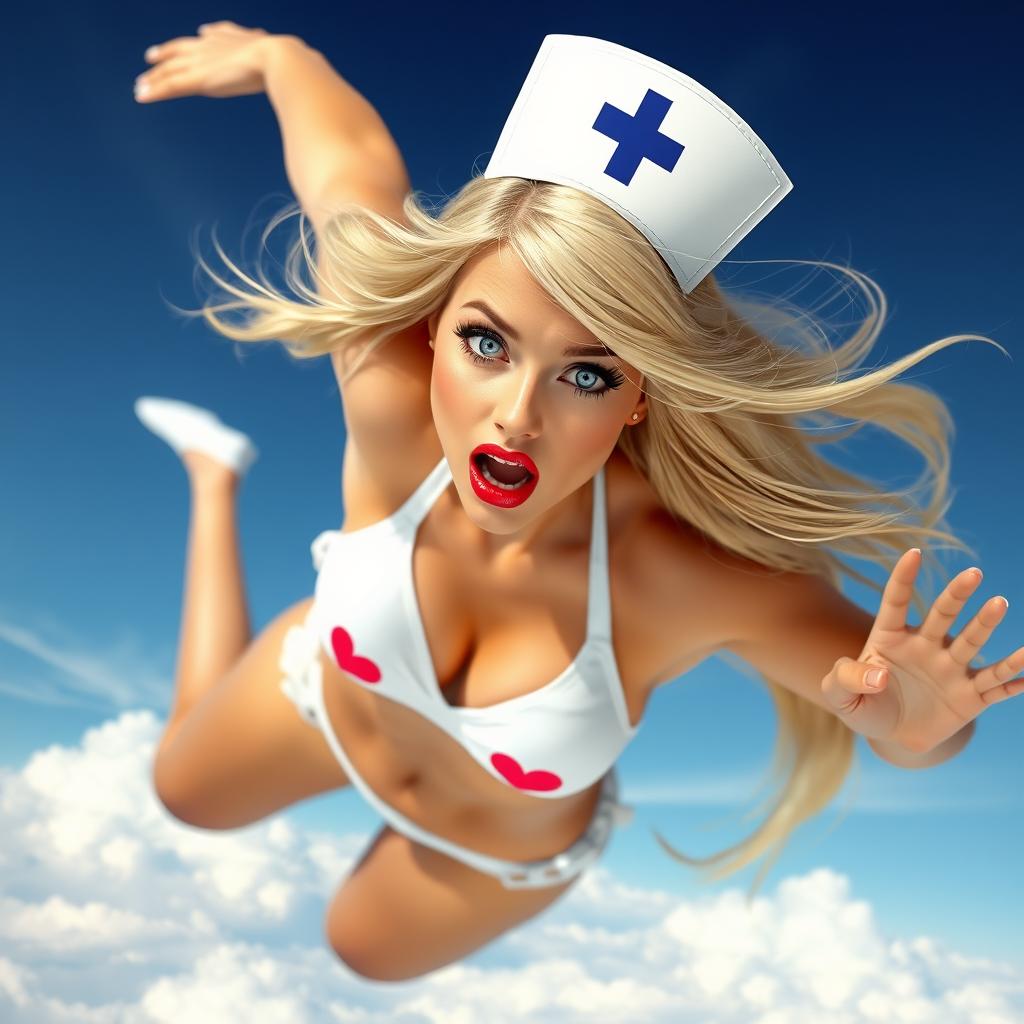 A sexy blonde nurse in a nurse-themed bikini, featuring radiant blue eyes and striking red lips, gracefully falling from the sky