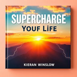 A flat cover design featuring a realistic background image of a vibrant sunrise over a majestic mountain range, symbolizing new beginnings and inspiration