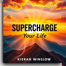 A flat cover design featuring a realistic background image of a vibrant sunrise over a majestic mountain range, symbolizing new beginnings and inspiration
