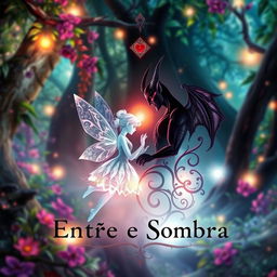 A book cover for 'Entre Luz e Sombra', featuring symbols representing a fairy and a demon in a romantic relationship