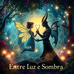 A book cover for 'Entre Luz e Sombra', featuring symbols representing a fairy and a demon in a romantic relationship