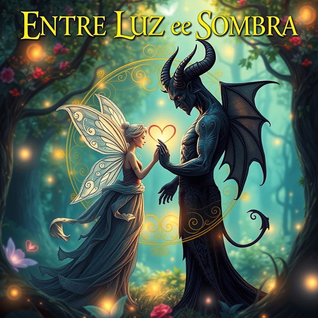 A book cover for 'Entre Luz e Sombra', featuring symbols representing a fairy and a demon in a romantic relationship