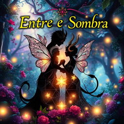 A book cover for 'Entre Luz e Sombra', featuring symbols representing a fairy and a demon in a romantic relationship