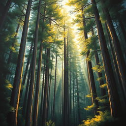 A serene painting of a dense forest filled with majestic pine trees, their trunks intertwined in a natural embrace