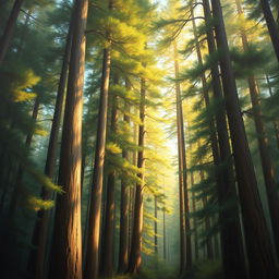 A serene painting of a dense forest filled with majestic pine trees, their trunks intertwined in a natural embrace