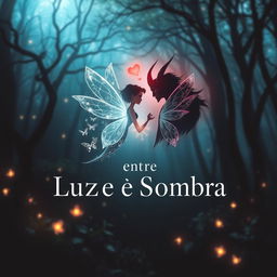 A book cover for "Entre Luz e Sombra" featuring symbols that represent a fairy and a demon in a romantic relationship