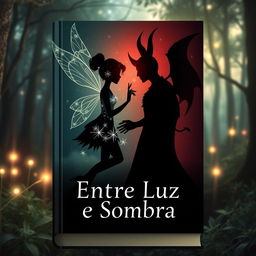 A book cover for "Entre Luz e Sombra" featuring symbols that represent a fairy and a demon in a romantic relationship