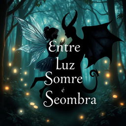 A book cover for "Entre Luz e Sombra" featuring symbols that represent a fairy and a demon in a romantic relationship