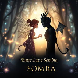 A book cover for "Entre Luz e Sombra" featuring symbols that represent a fairy and a demon in a romantic relationship