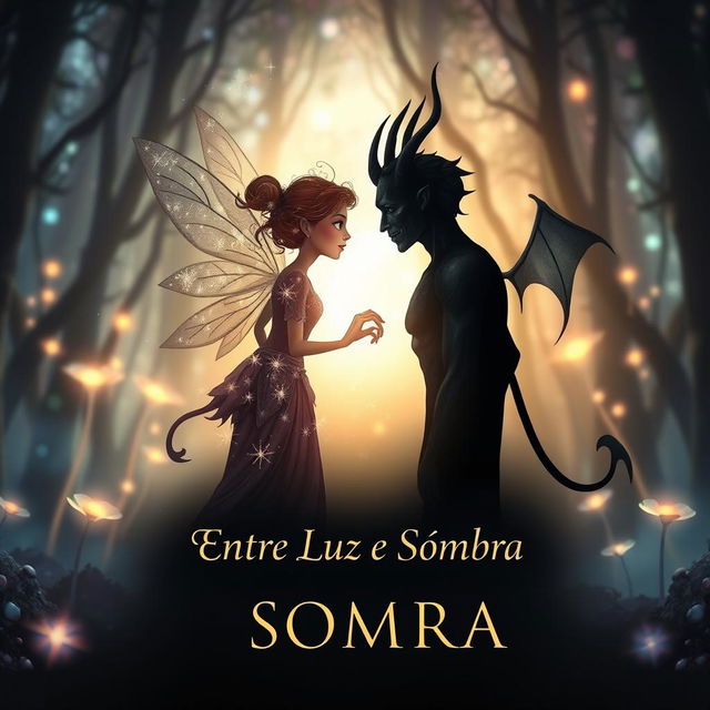 A book cover for "Entre Luz e Sombra" featuring symbols that represent a fairy and a demon in a romantic relationship