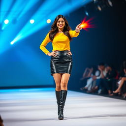 A realistic photo capturing an Indian aunty confidently walking on a fashion show ramp, dressed in a striking black vinyl mini skirt and a stylish yellow full-sleeve top