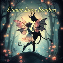 A book cover design for 'Entre Luz e Sombra' featuring symbols that represent a fairy and a demon in a romantic relationship, intertwined gracefully