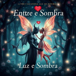 A book cover design for 'Entre Luz e Sombra' featuring symbols that represent a fairy and a demon in a romantic relationship, intertwined gracefully