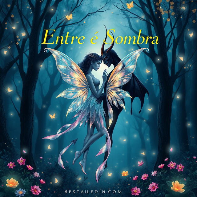 A book cover design for 'Entre Luz e Sombra' featuring symbols that represent a fairy and a demon in a romantic relationship, intertwined gracefully