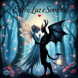 A book cover design for 'Entre Luz e Sombra' featuring symbols that represent a fairy and a demon in a romantic relationship, intertwined gracefully