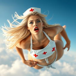 A sexy blonde nurse wearing a nurse-themed bikini, featuring striking blue eyes and bold red lips, is falling from the sky with a frightened expression