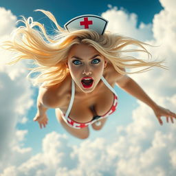 A sexy blonde nurse wearing a nurse-themed bikini, featuring striking blue eyes and bold red lips, is falling from the sky with a frightened expression
