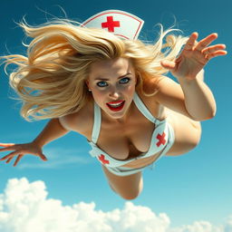 A sexy blonde nurse wearing a nurse-themed bikini, featuring striking blue eyes and bold red lips, is falling from the sky with a frightened expression