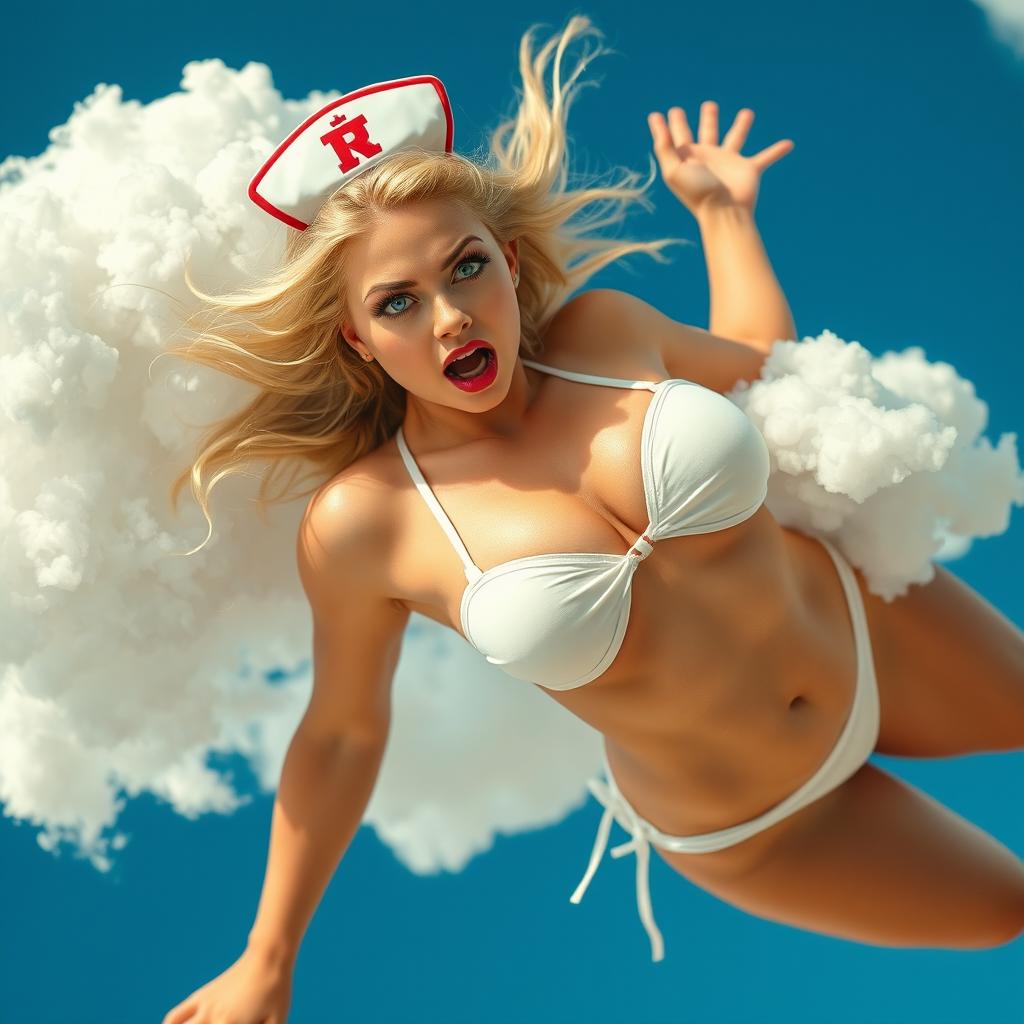 A sexy blonde nurse in a bikini, showcasing her stunning blue eyes and vibrant red lips, is dramatically falling from the sky