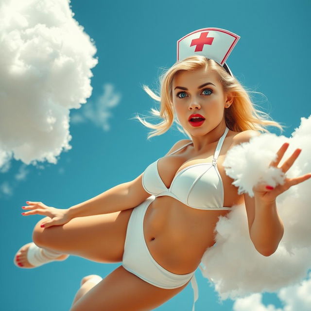 A sexy blonde nurse in a bikini, showcasing her stunning blue eyes and vibrant red lips, is dramatically falling from the sky