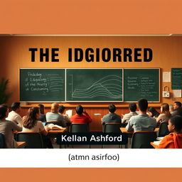 A flat cover design featuring a realistic classroom setting, filled 100% with a chalkboard, scattered books, and engaged students in discussion, capturing an inviting and thought-provoking atmosphere