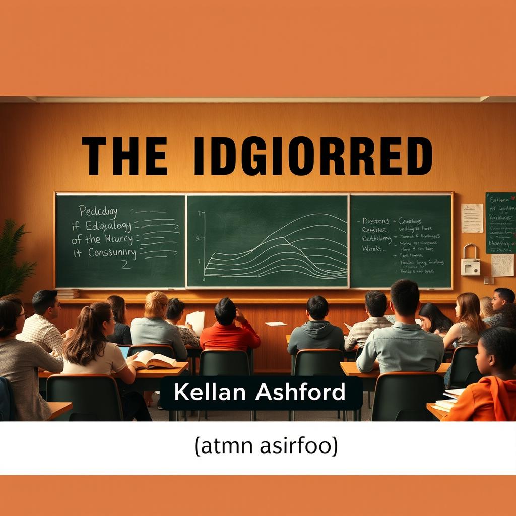 A flat cover design featuring a realistic classroom setting, filled 100% with a chalkboard, scattered books, and engaged students in discussion, capturing an inviting and thought-provoking atmosphere