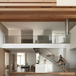 A minimalist, open-concept lounge and kitchen featuring a staircase. The interiors show clean lines, uncluttered spaces, essential furniture, and soothing neutral color tones.