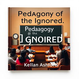 A flat cover design featuring a realistic classroom setting, filled 100% with a chalkboard, scattered books, and engaged students in discussion, capturing an inviting and thought-provoking atmosphere