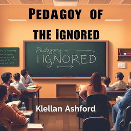 A flat cover design featuring a realistic classroom setting, filled 100% with a chalkboard, scattered books, and engaged students in discussion, capturing an inviting and thought-provoking atmosphere