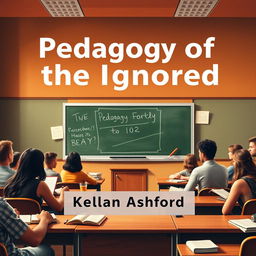 A flat cover design featuring a realistic classroom setting, filled 100% with a chalkboard, scattered books, and engaged students in discussion, capturing an inviting and thought-provoking atmosphere