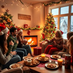 A festive Christmas celebration scene set in a cozy living room