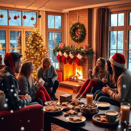 A festive Christmas celebration scene set in a cozy living room
