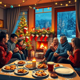 A festive Christmas celebration scene set in a cozy living room