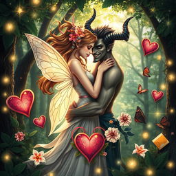 A captivating book cover featuring a fairy and a demon intertwined in a romantic embrace, set against the backdrop of an enchanting forest