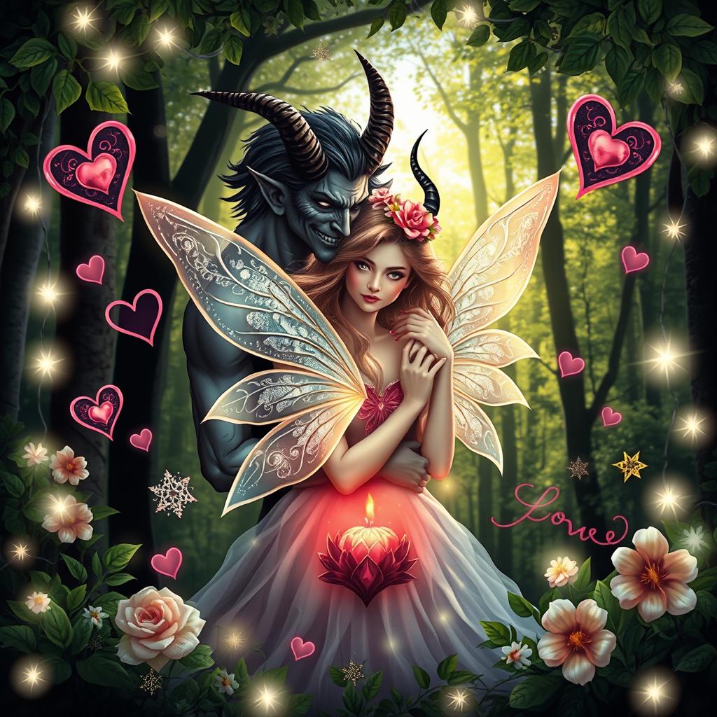 A captivating book cover featuring a fairy and a demon intertwined in a romantic embrace, set against the backdrop of an enchanting forest